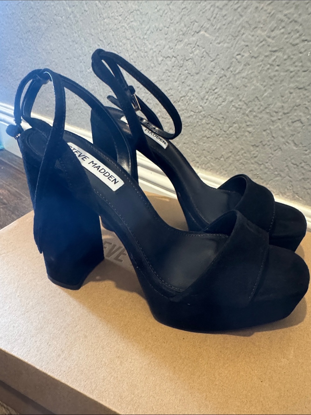 Steve Madden Black Suede Platform Block Heels with Ankle Strap